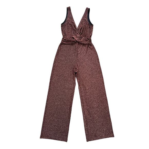 Candie's Twist Front V-Neck Stretchy‎ Sparkle Jumpsuit Rose Gold Shimmer Size S - Picture 1 of 9